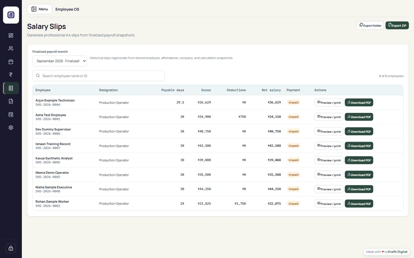 Salary slip download screen